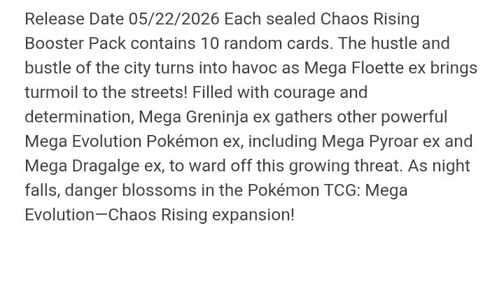 Pokemon TCG Mega Evolution - Chaos Rising ME04 Booster Pack