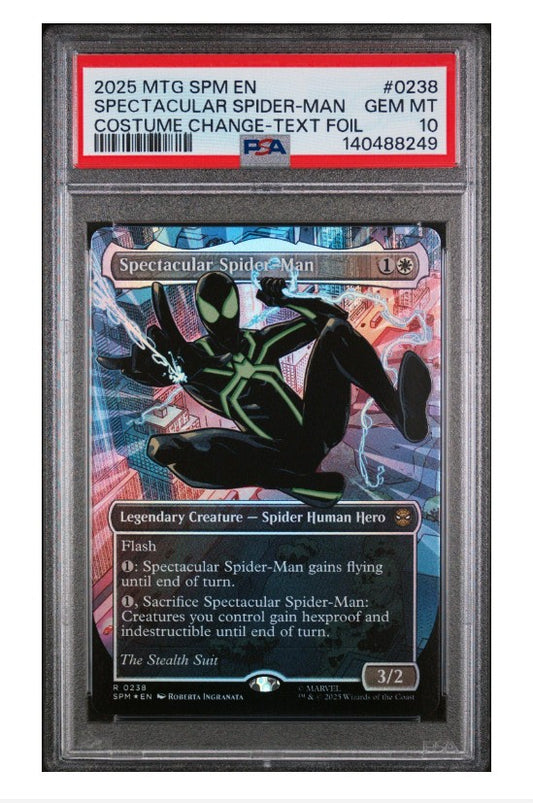2025 Magic The Gathering Marvel's Spider-Man 0238 Spectacular Spider-man Costume Change Borderless Textured Foil PSA 10