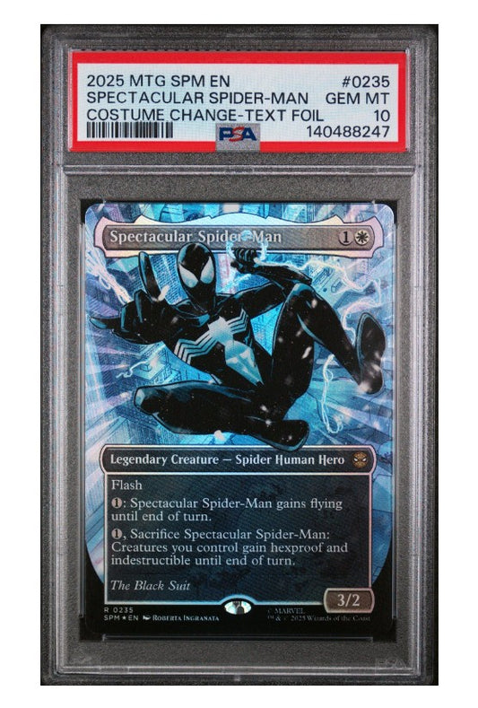 2025 Magic The Gathering Marvel's Spider-Man 0235 Spectacular Spider-man Costume Change Borderless Textured Foil PSA 10