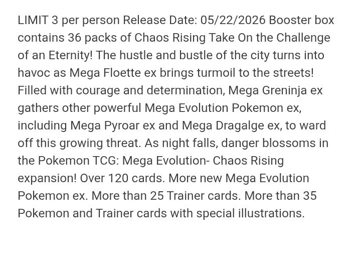 Pokemon TCG Mega Evolution - Chaos Rising ME04 Booster Display Box