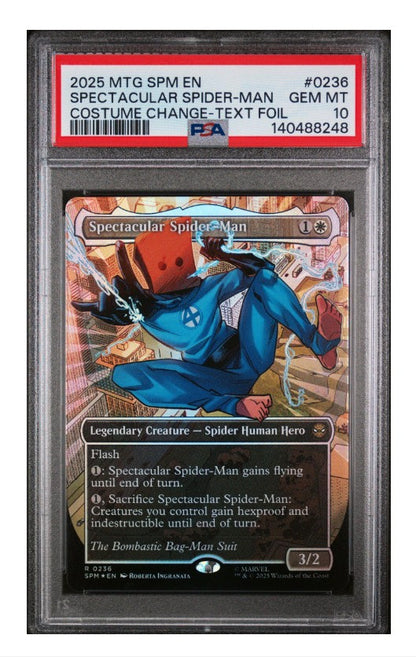 2025 Magic The Gathering Marvel's Spider-Man 0236 Spectacular Spider-man Costume Change Borderless Textured Foil PSA 10 - MTG